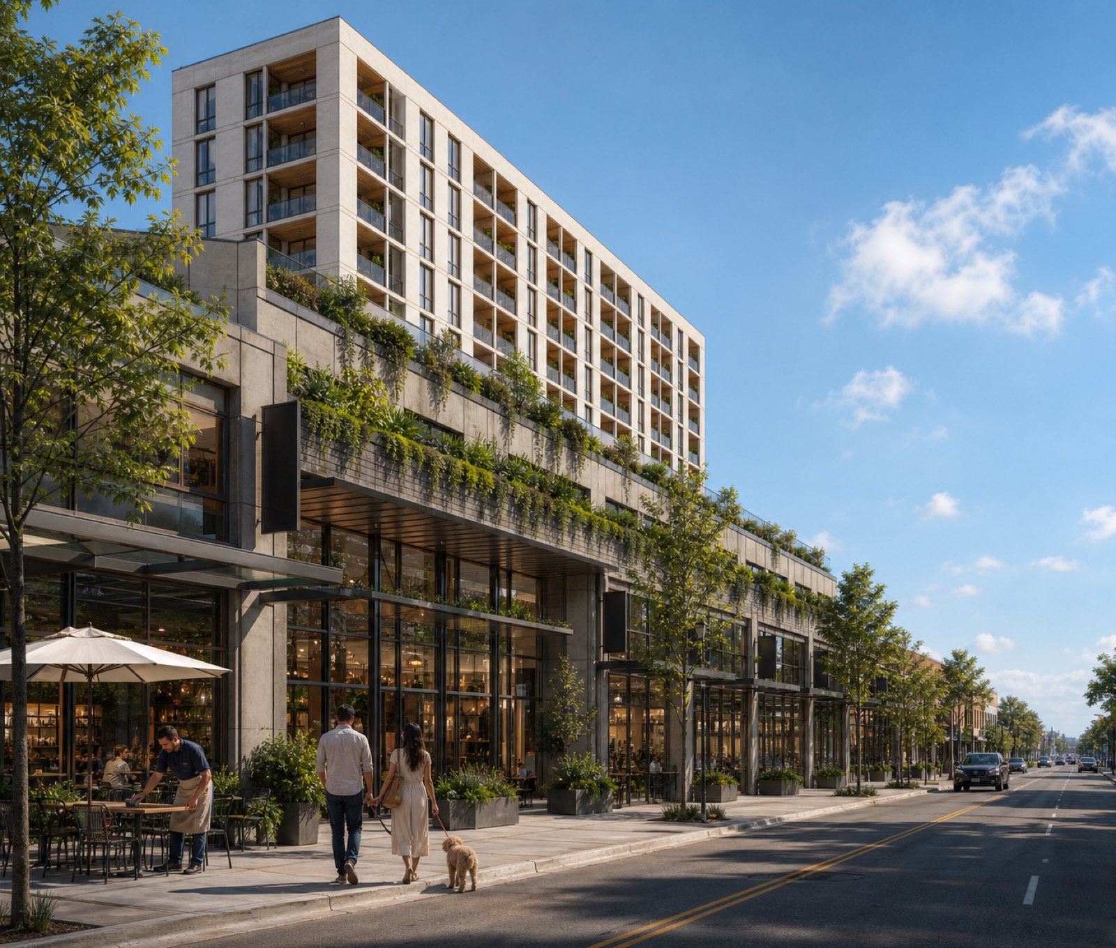 Bright morning street view along the N Main retail arcade with cafe tables, planted podium bands, and the residential bar above