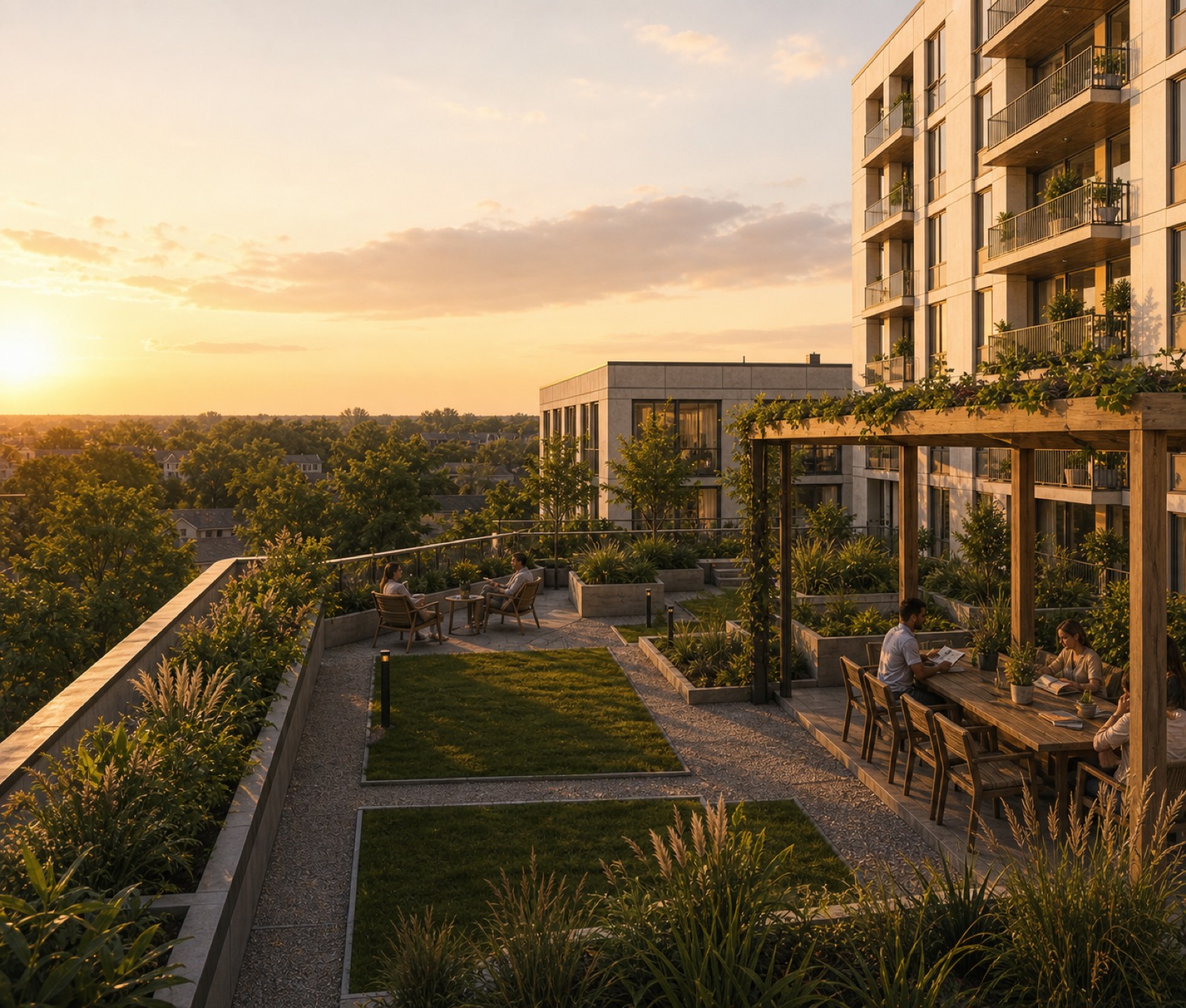 Golden-hour view across the landscaped amenity terrace looking west: lawns, pergola dining table, the terrace pavilion, and the residential bar at right